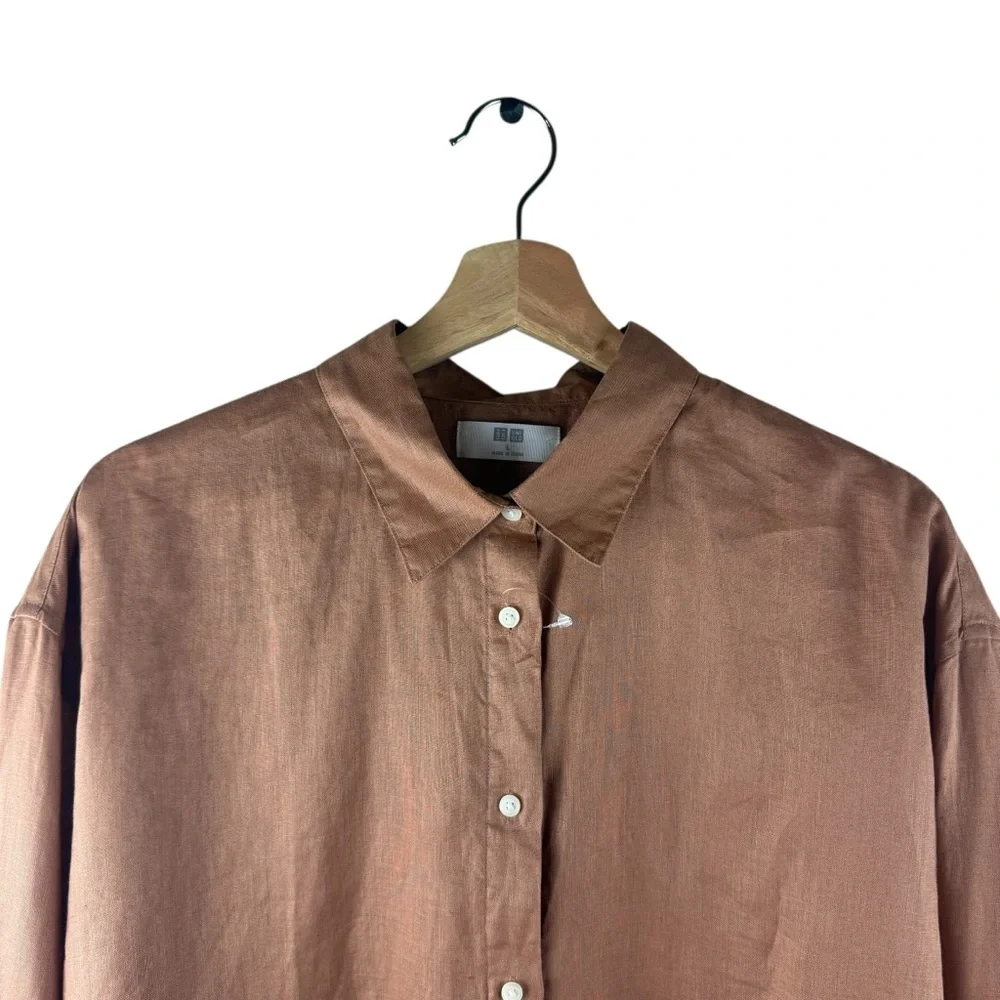 Uniqlo Womens Large  100% Linen Button Up Shirt Long Sleeve Top Blouse NWOT - Picture 3 of 6